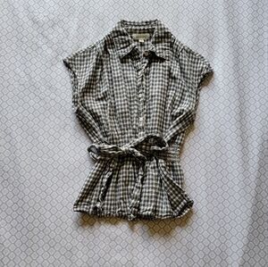 black & white plaid sleeveless button-down shirt with waist tie, XS